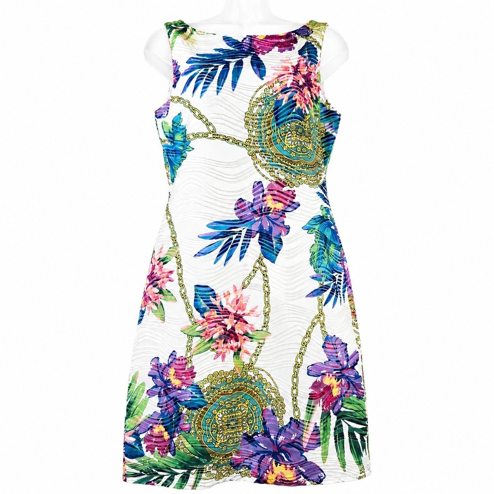 Jennifer Lopez Sheath Dress M White Tropical Floral Sleeveless Resortwear Boho